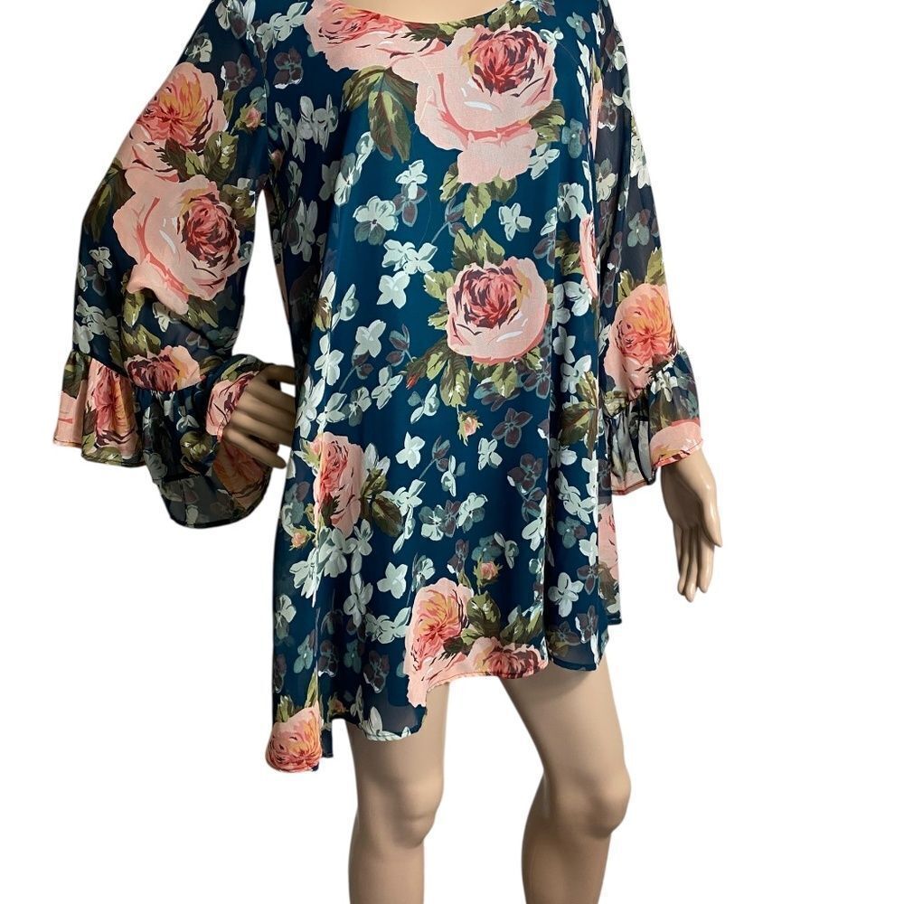 Show Me Your MUMU M Teal floral mini dress sheer sleeves